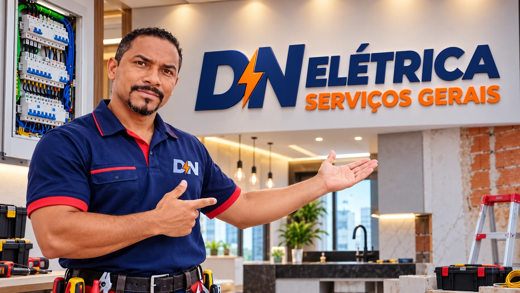 Damião, de camisa polo azul da DN, apresentando a DN Elétrica e Serviços Gerais